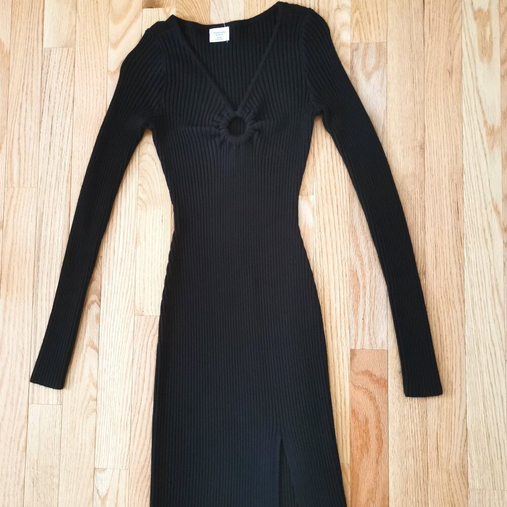 NWT Abercrombie Sweater Dress Black Ribbed Knit Midi V Neck Bodycon Midi XXSP